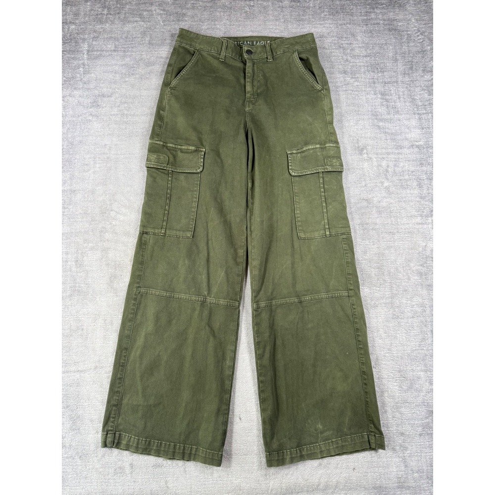 American Eagle Pants Womens 4 Olive Green Baggy Cargo Wide Leg High Rise Utility